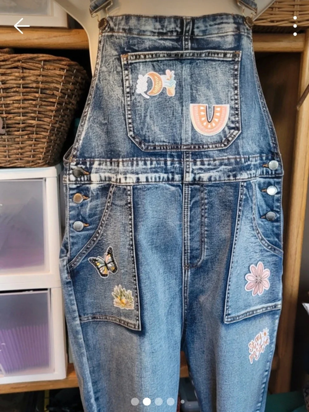 Women's Blue Denim Short Overalls with Embroidered Patches